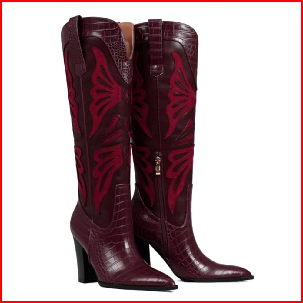 Pointed Toe Knee High Western Boots Chunky Heel Wide Calf Zipper - Picture 4 of 7